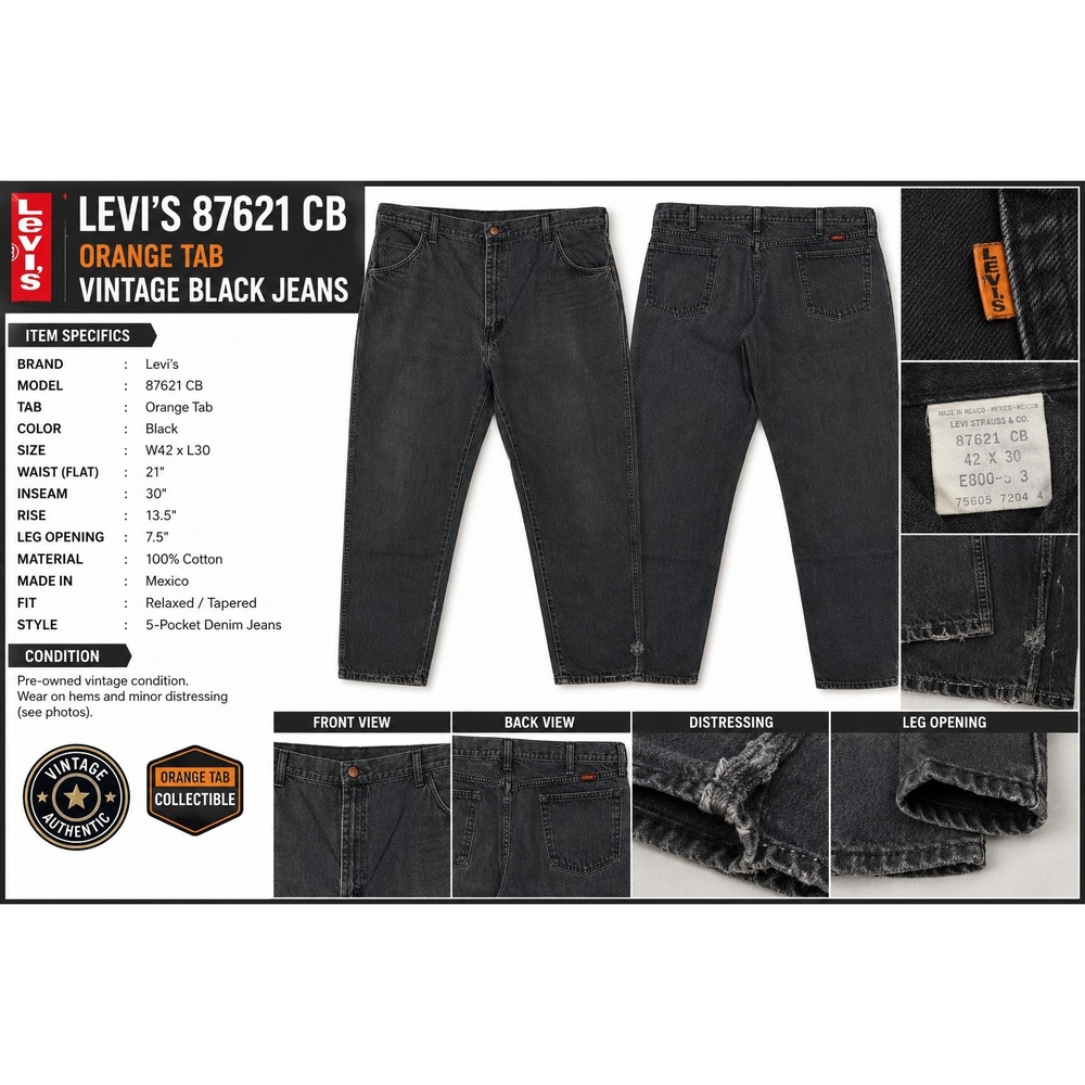 Levis 87621 CB Vintage Orange Tab Black Jeans‎ Relaxed Tapered 42x30 Mens 90s